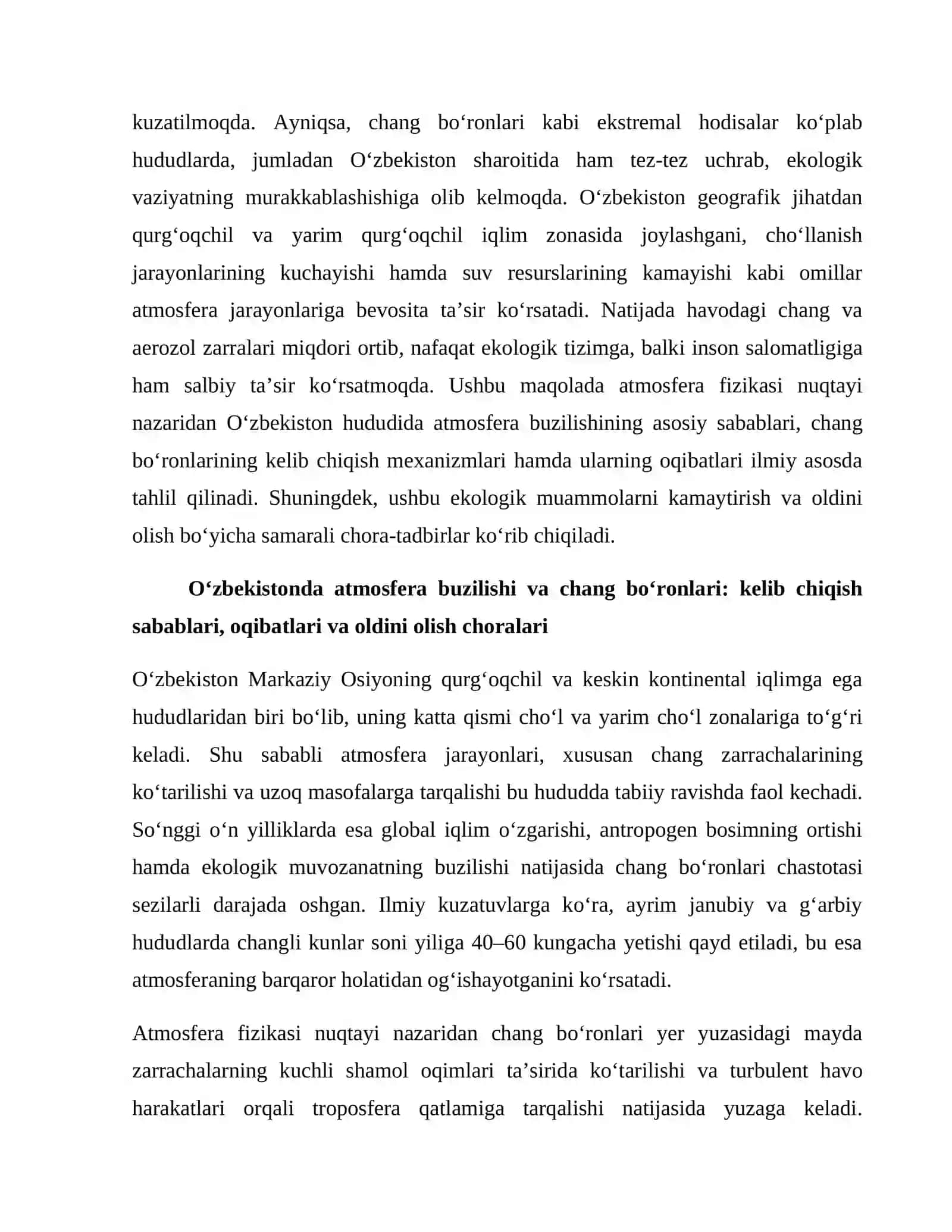 ATMOSFERA FIZIKASI: OʻZBEKISTON HUDUDIDA ATMOSFERA BUZILISHI VA CHANG BOʻRONLARI OLDINI OLISH 2