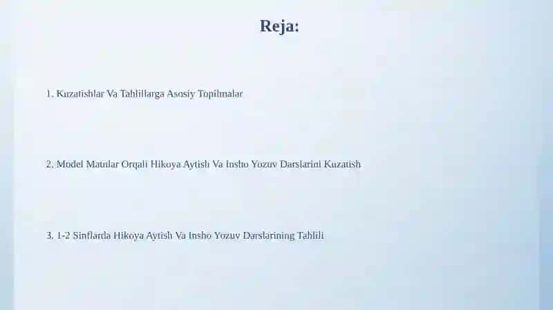 1-2sinflarda namunaviy matnni qayta hikoyalash va bayon yozish darslarini kuzatish va tahlil qilish 2