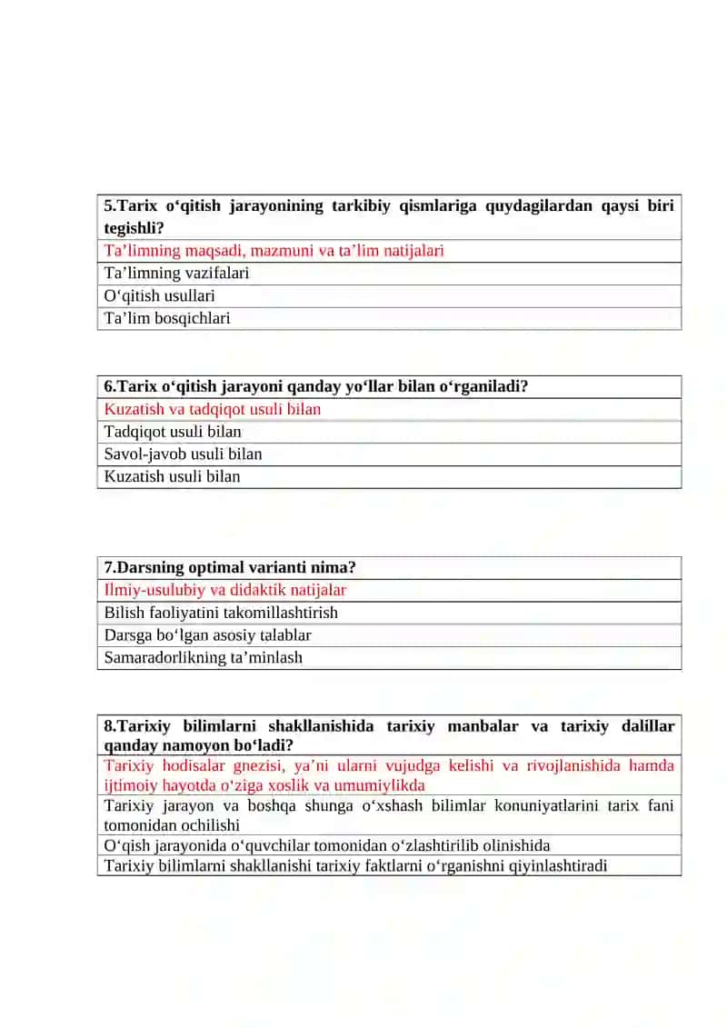 Tarix fani o'qitish metodikasidan test (to'g'ri javob qizil rangda belgilab ketilgan) 2