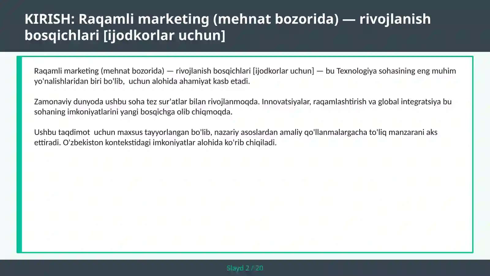 Raqamli marketing (mehnat bozorida) — rivojlanish bosqichlari [ijodkorlar uchun] 2