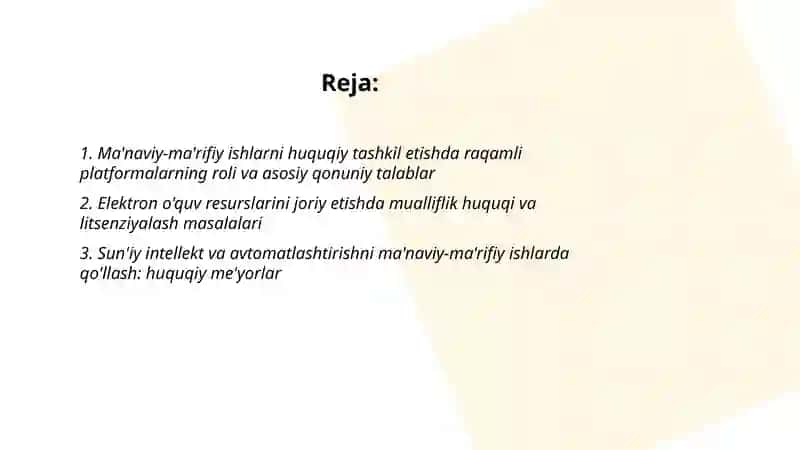 Ma'naviy ma'rifiy ishlarni huquqiy tashkil etishda innovatsion texnalogiyalarni qo'llash 2