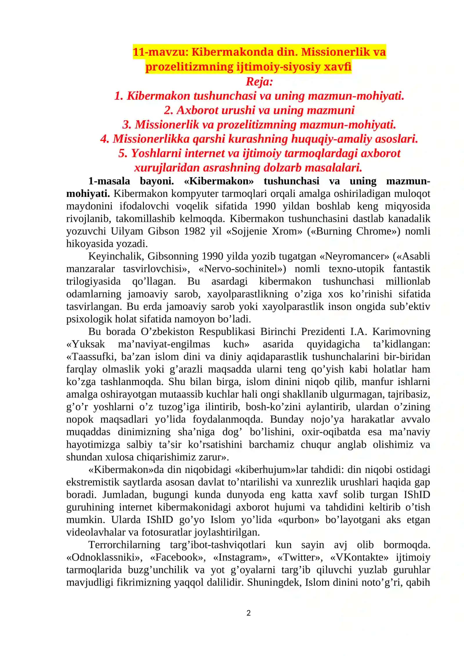 Kibermakonda din. Missionerlik va prozelitizmning ijtimoiy-siyosiy xavfi REFERATI 2