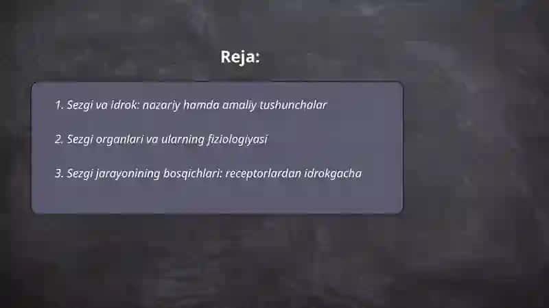 Mustaqil ish mavzusi: Sezgining tasnifi, sezgi klassifikatsiyalari, jismoniy mashqlar, chet el psixologiyasida sezgi nazariyalari. 2