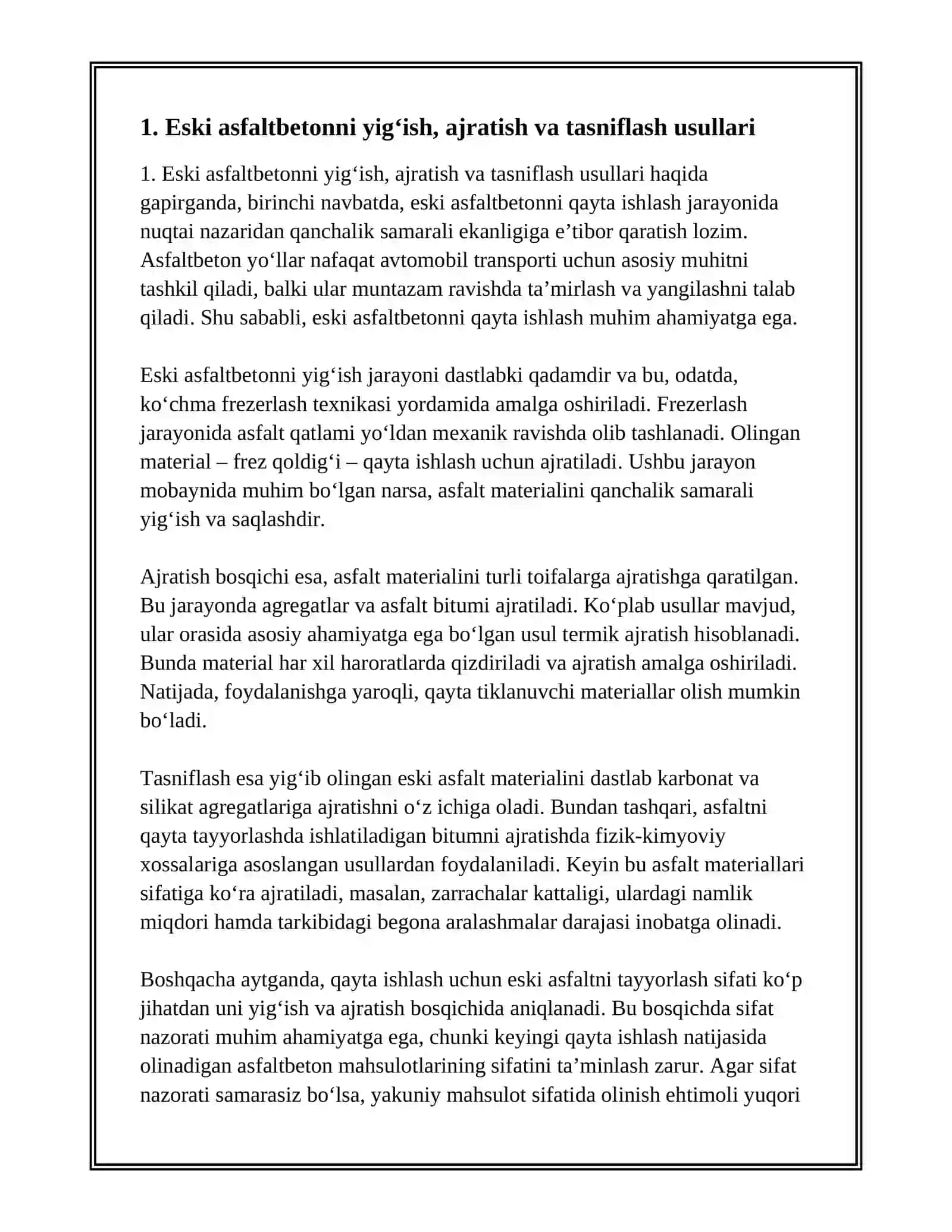 ESKI ASFALTBETONNI ASFALTBETON ZAVODIDA QAYTA ISHLASH (REGENERATSIYA) 2