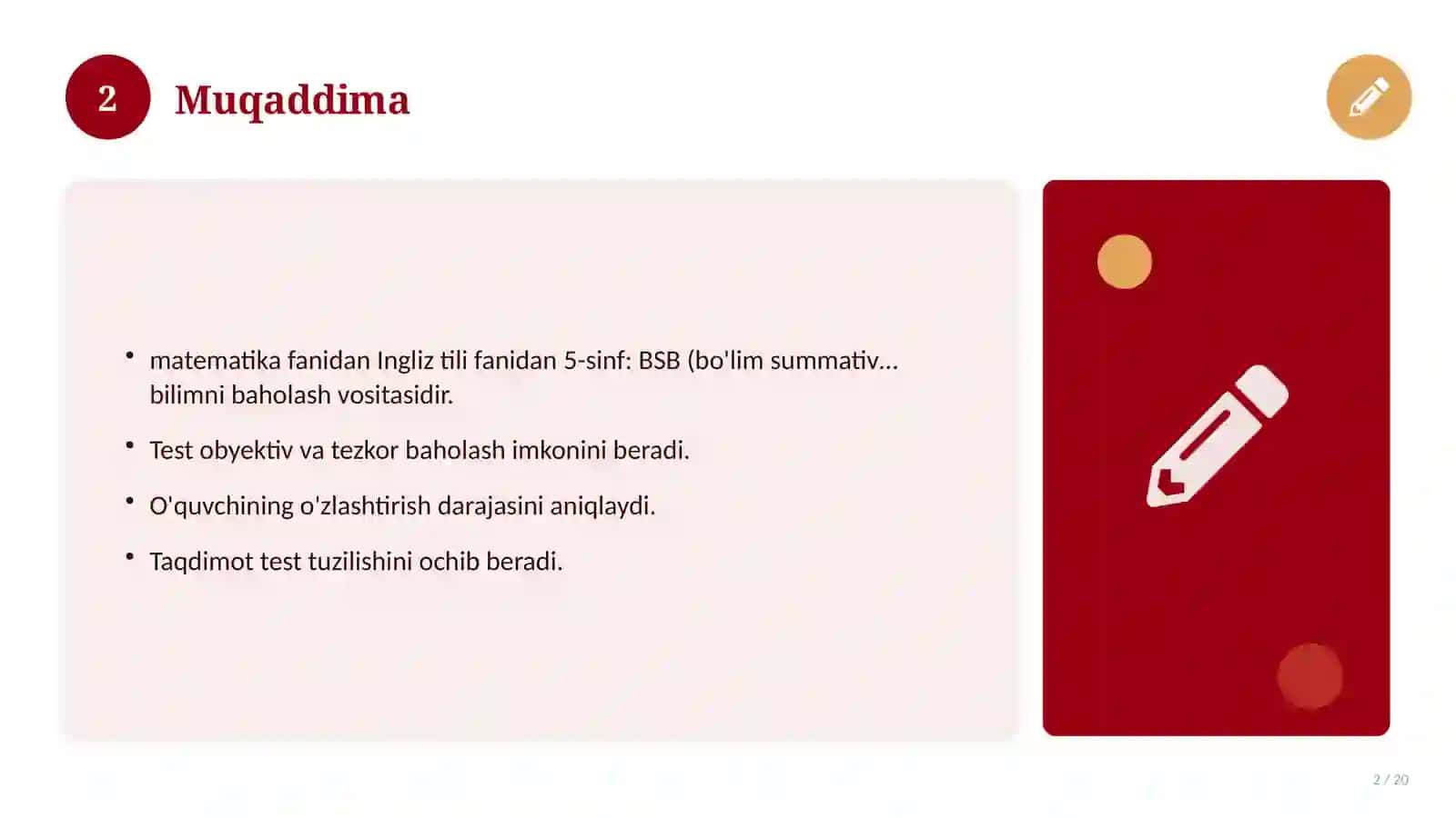 Ingliz tili fanidan 5-sinf: BSB (bo'lim summativ baholash) 2