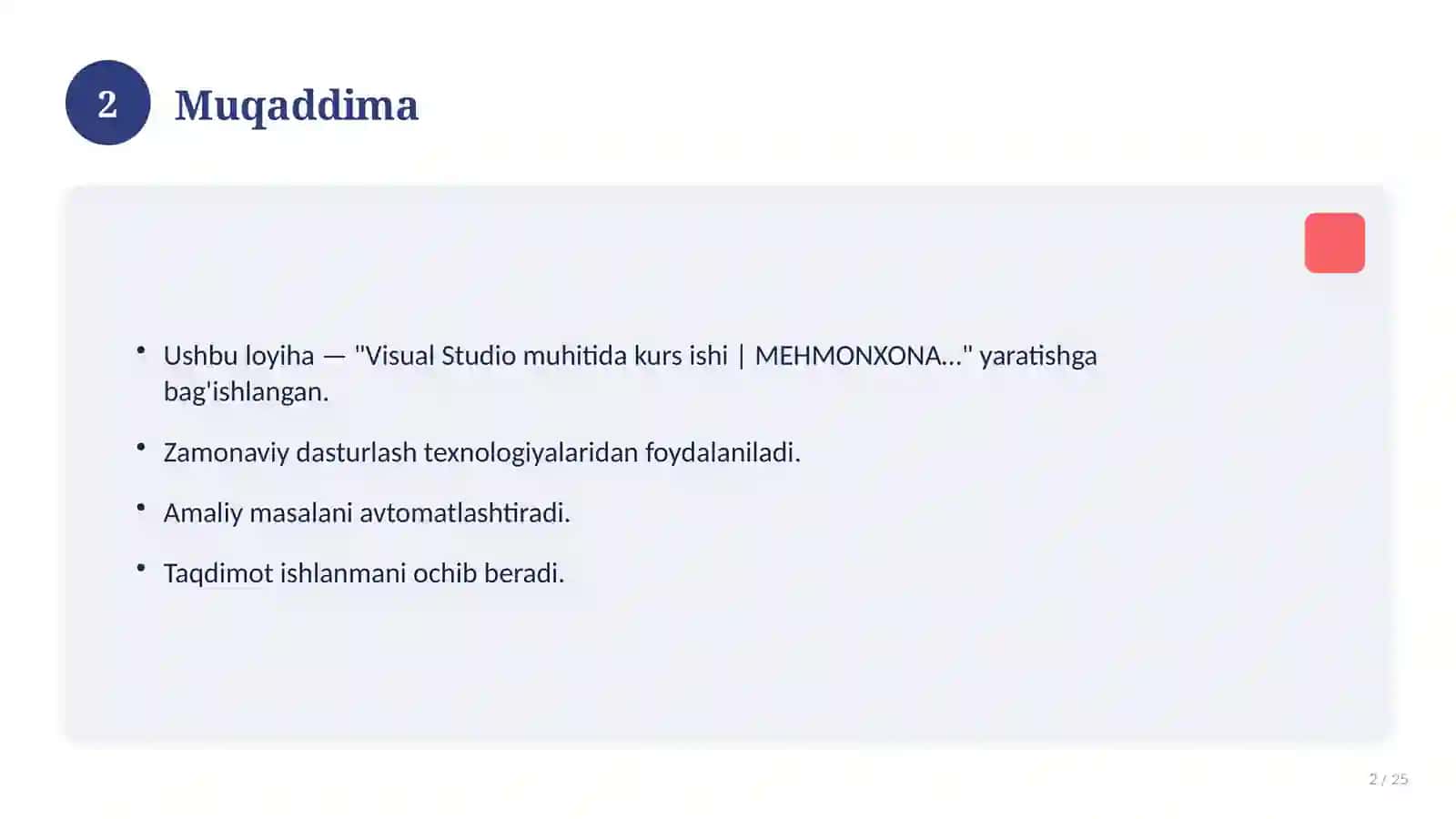 Visual Studio muhitida kurs ishi | MEHMONXONA MA’LUMOTLARI UCHUN DASTUR ILOVASINI YARATISH 2