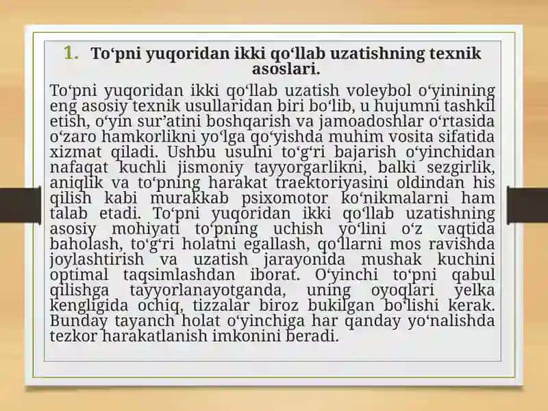 To‘pni yuqoridan va pastdan ikki qo‘llab uzatish texnikasini takomillashtirish 2