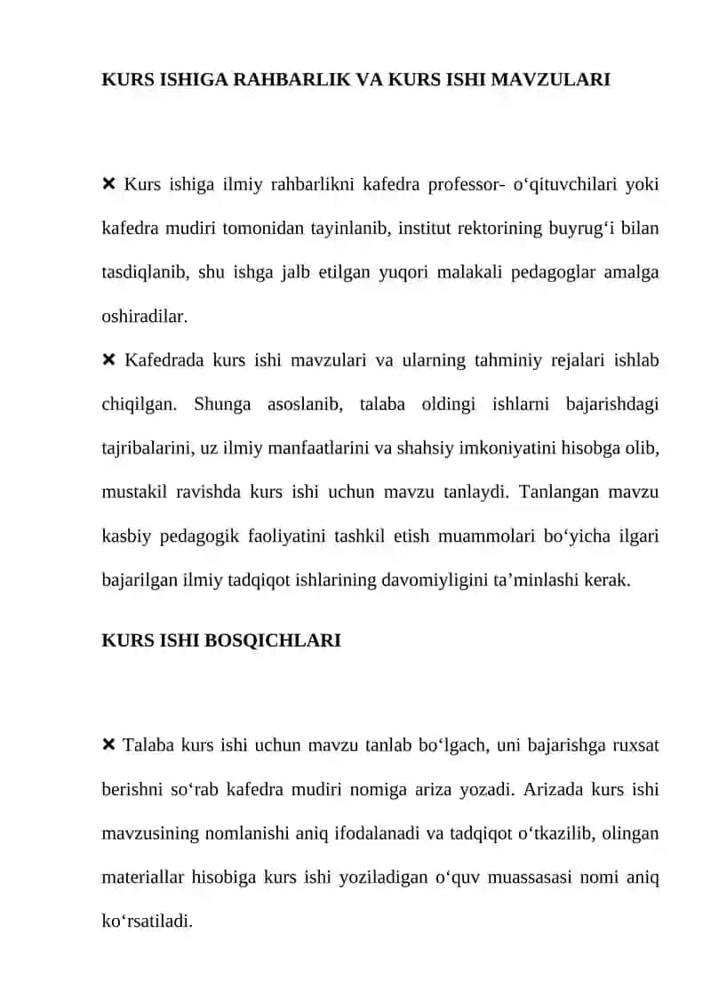 Kurs ishiga rahbarlik va kurs ishi mavzulari 2
