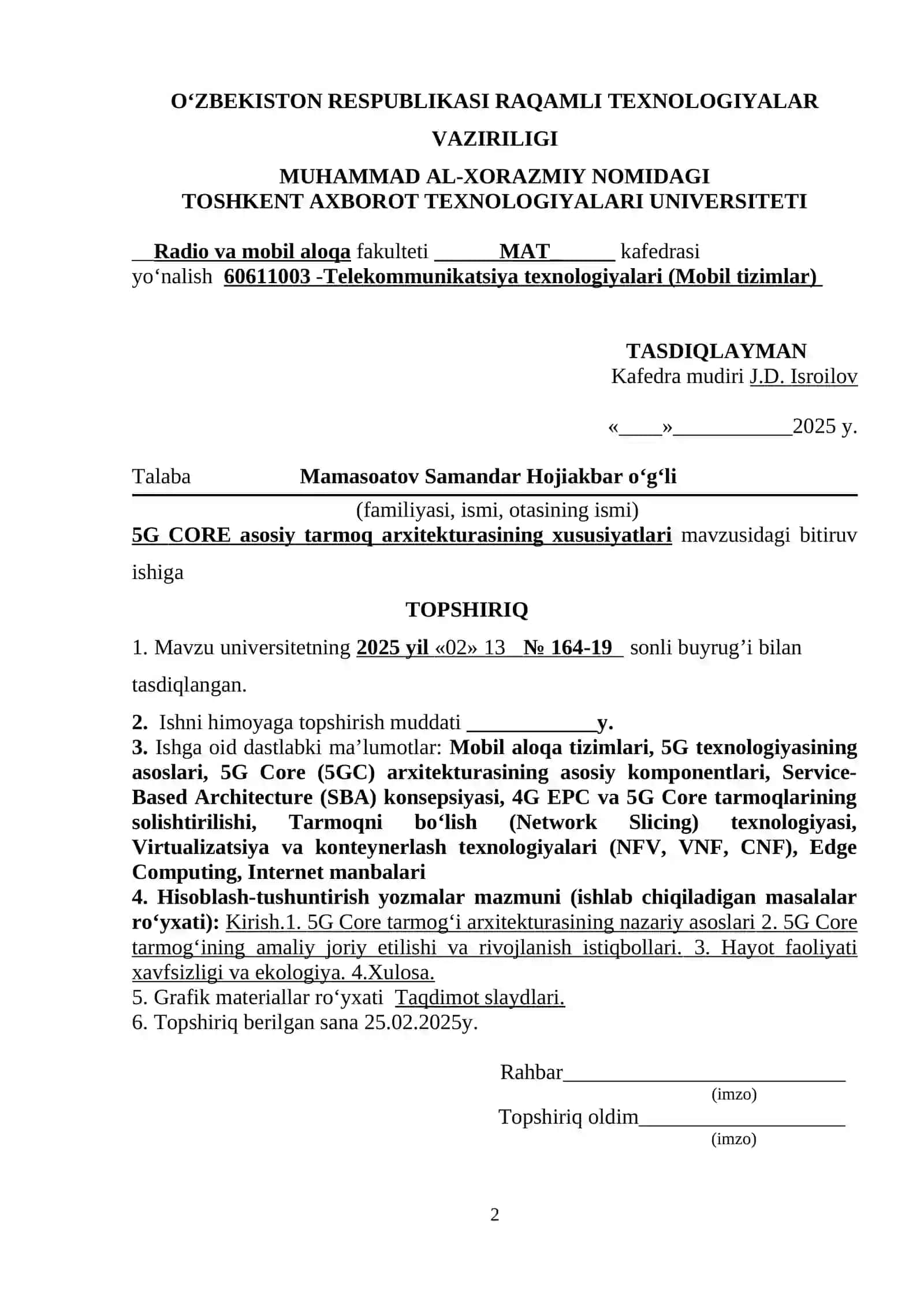 5G CORE asosiy tarmoq arxitekturasining xususiyatlari mavzusidagi BITIRUV MALAKAVIY ISHI 2