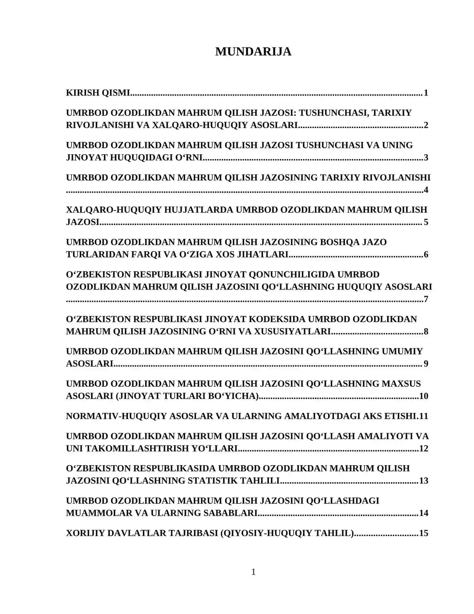 Umrbod ozodlikdan mahrum qilish jazosi tushunchasi, ushbu jazoni qoʻllash asoslari. 2