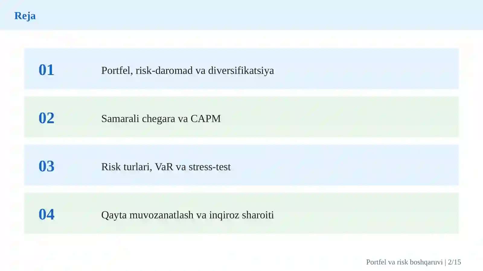 Investitsiya portfelini boshqarish, moliyaviy risklar va diversifikatsiya strategiyalari 2