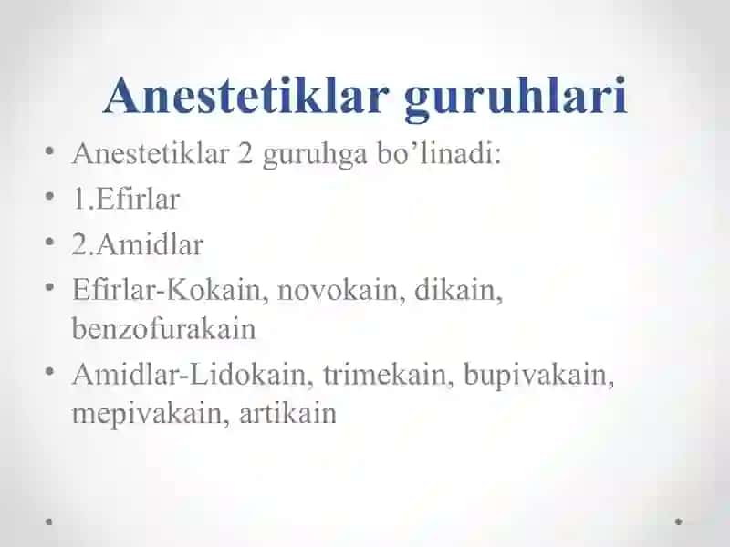 Terapevtik stomatologiyada qo’llaniluvchi anestetiklar. Terapevtik stomatologiyada og’riqsizlantirish. Usullar va o’tkazish texnikasi. 2