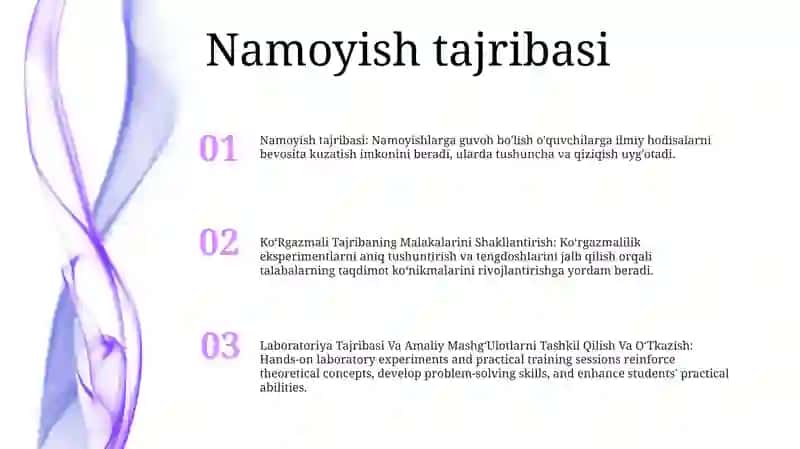 KoʻRgazmali Tajribaning Malakalarini Shakllantirish, Laboratoriya Tajribasi Va Amaliy MashgʻUlotlarni Tashkil Qilish Va OʻTkazish 2