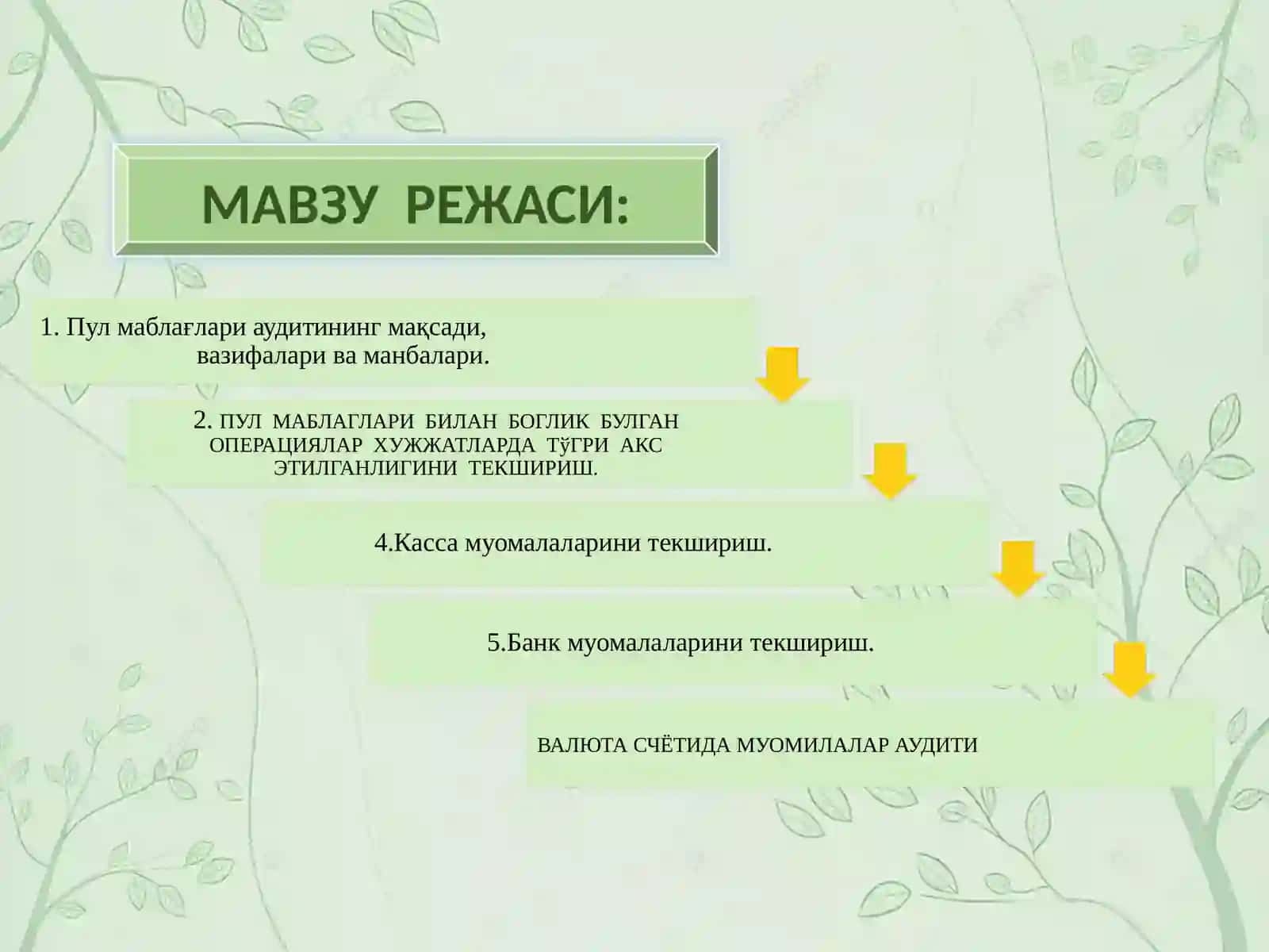ПУЛ МАБЛАҒЛАРИ ҲАРАКАТИ БИЛАН БОҒЛИҚ МУОМИЛАЛАР АУДИТИ 2