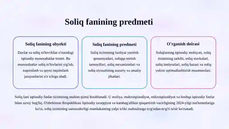 “Soliqlar va soliqqa tortish” fanining predmeti va o‘rganish usullari. Soliq turlari. 2