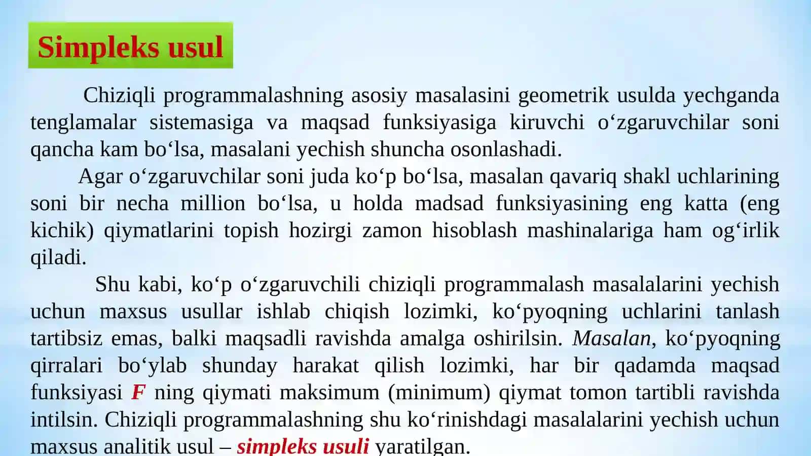 Chiziqli programmalashtirish masalasini simpleks usulida yechish 2