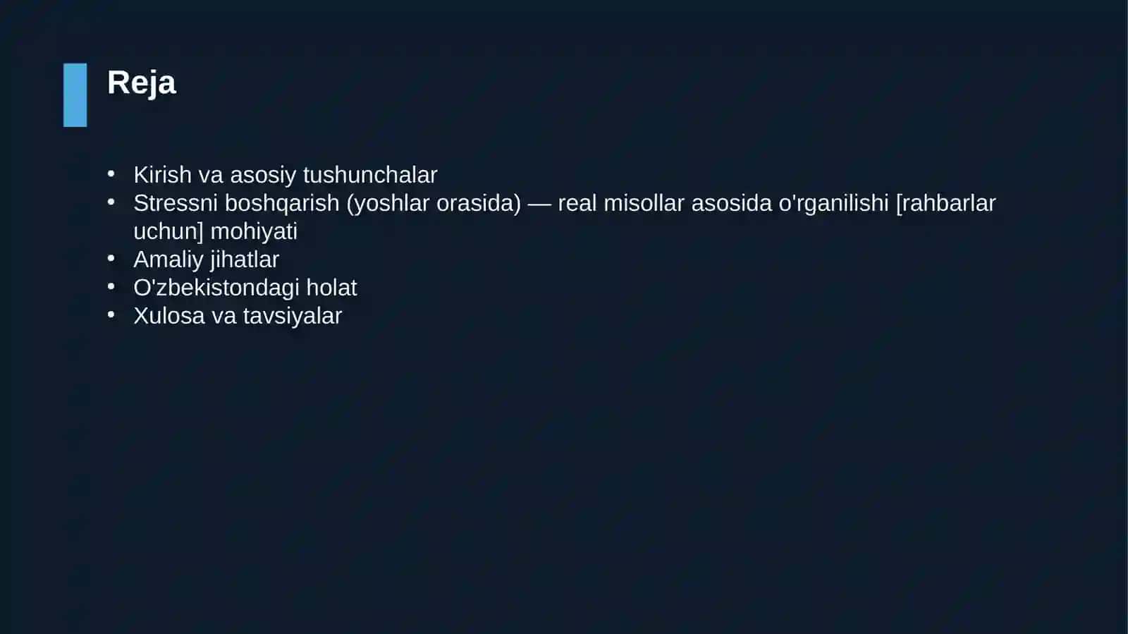 Stressni boshqarish (yoshlar orasida) — real misollar asosida o'rganilishi [rahbarlar uchun] 2