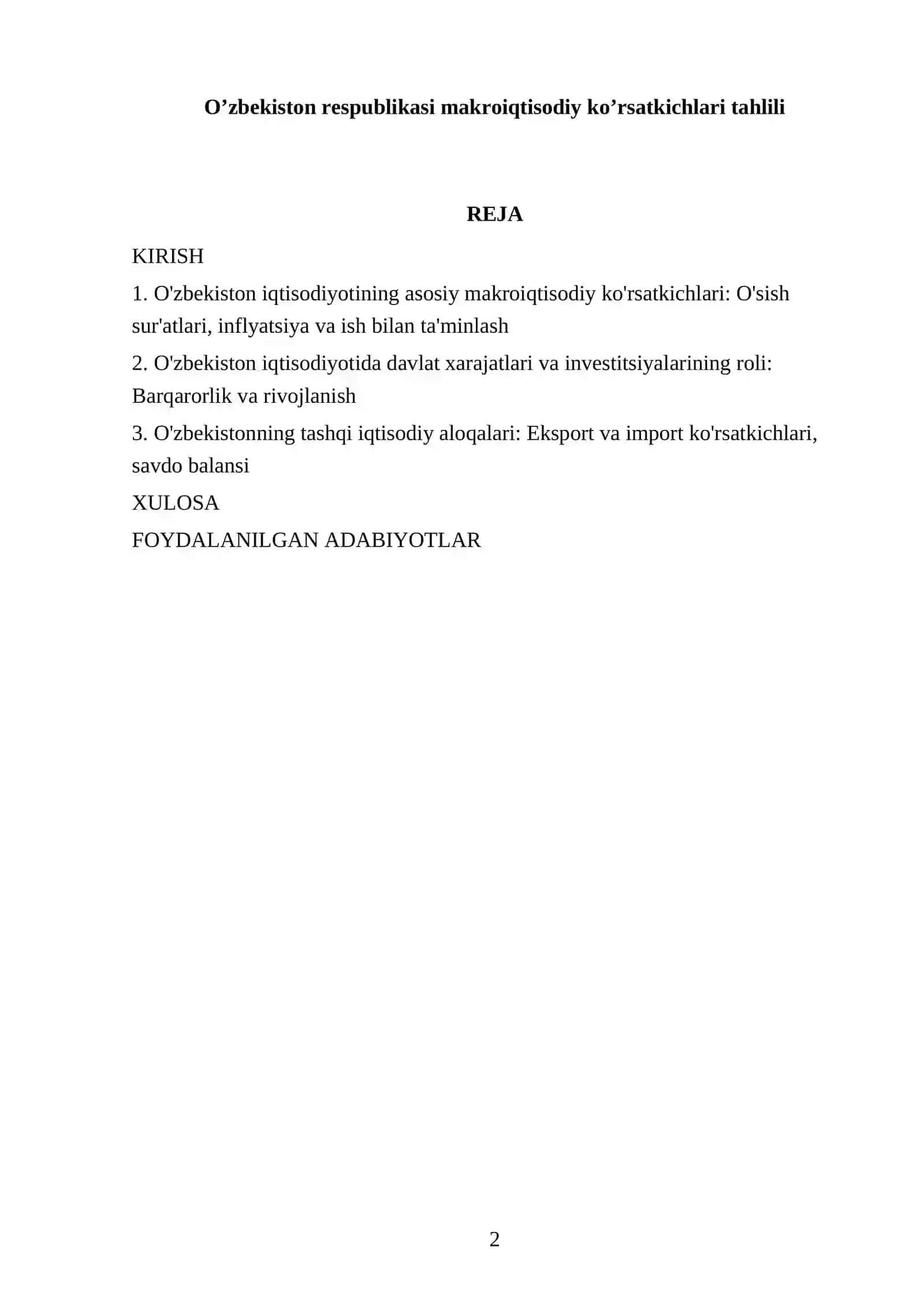 O’zbekiston respublikasi makroiqtisodiy ko’rsatkichlari tahlili 2