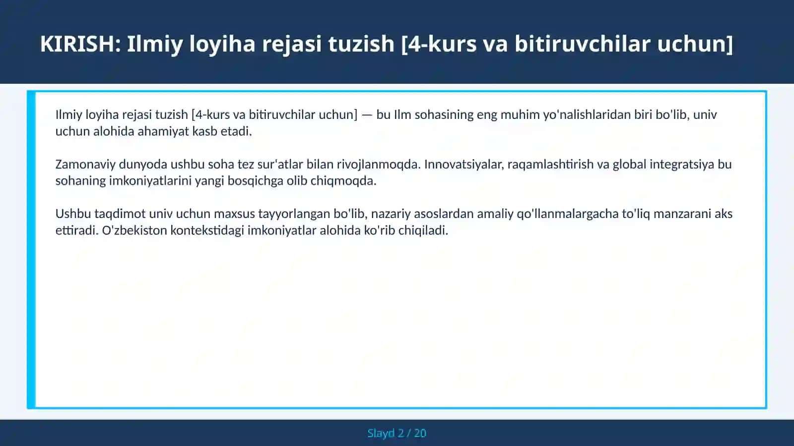 Ilmiy loyiha rejasi tuzish [4-kurs va bitiruvchilar uchun] 2