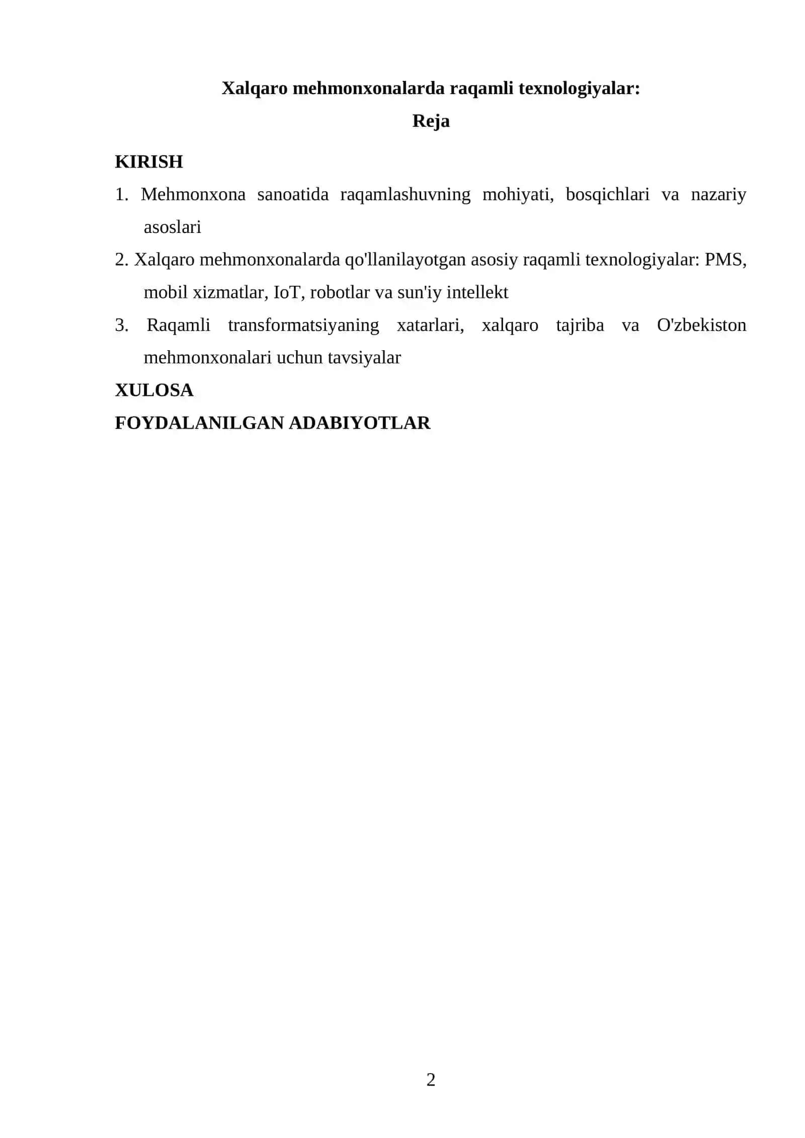 “Xalqaro mehmonxonalarda raqamli texnologiyalar” REFERAT 2
