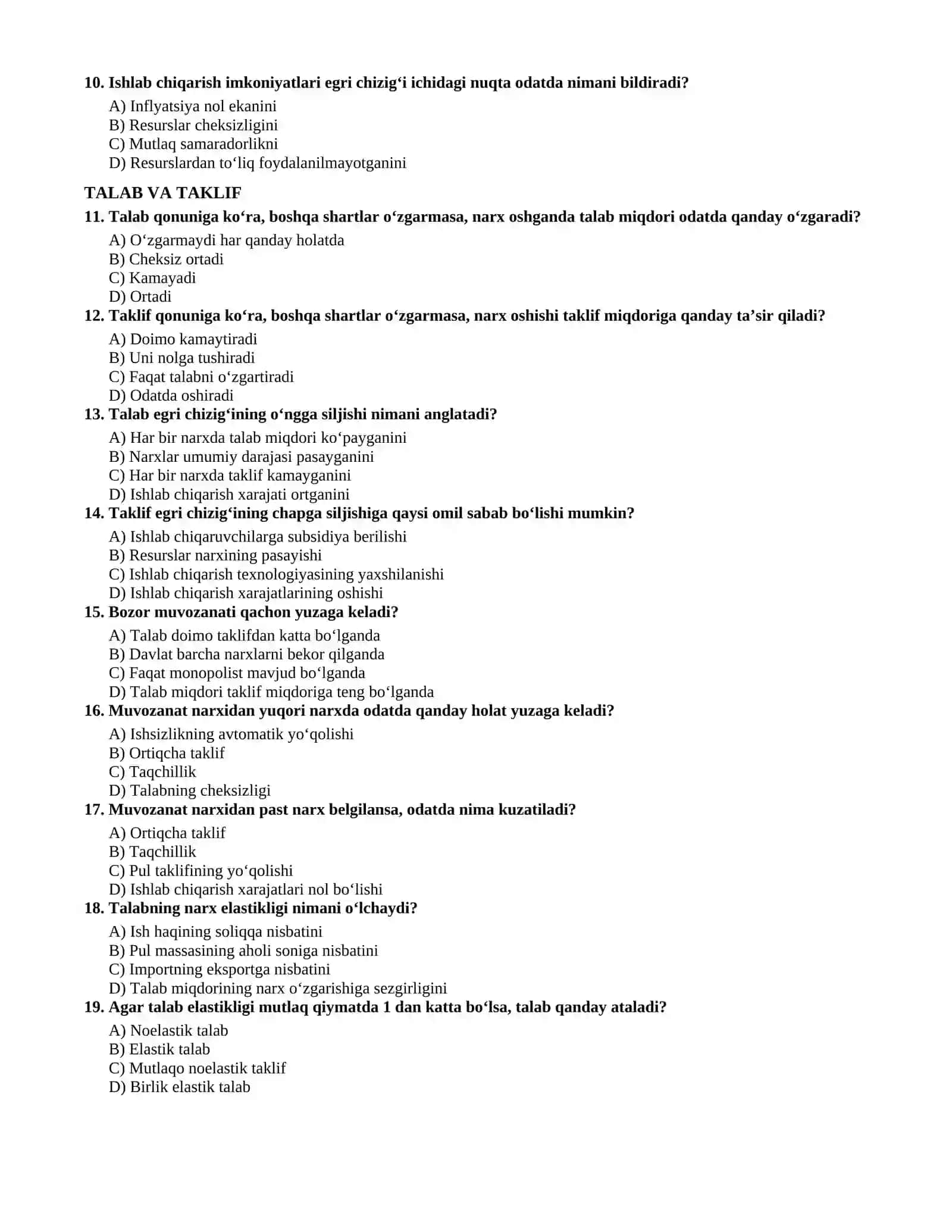 IQTISODIYOT FANIDAN DTM FORMATIDAGI TESTLAR 2