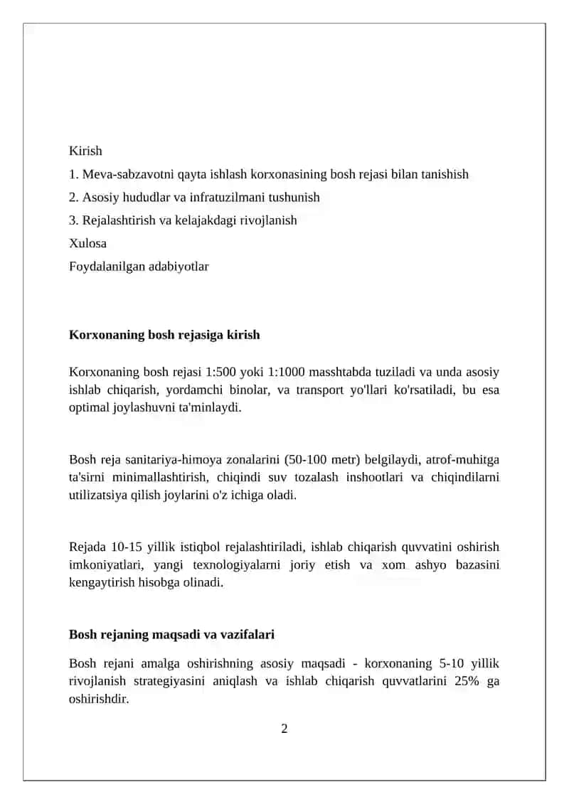 Meva va sabzavotlarni qayta ishlash korxonasining bosh plani bilan tanishish 2