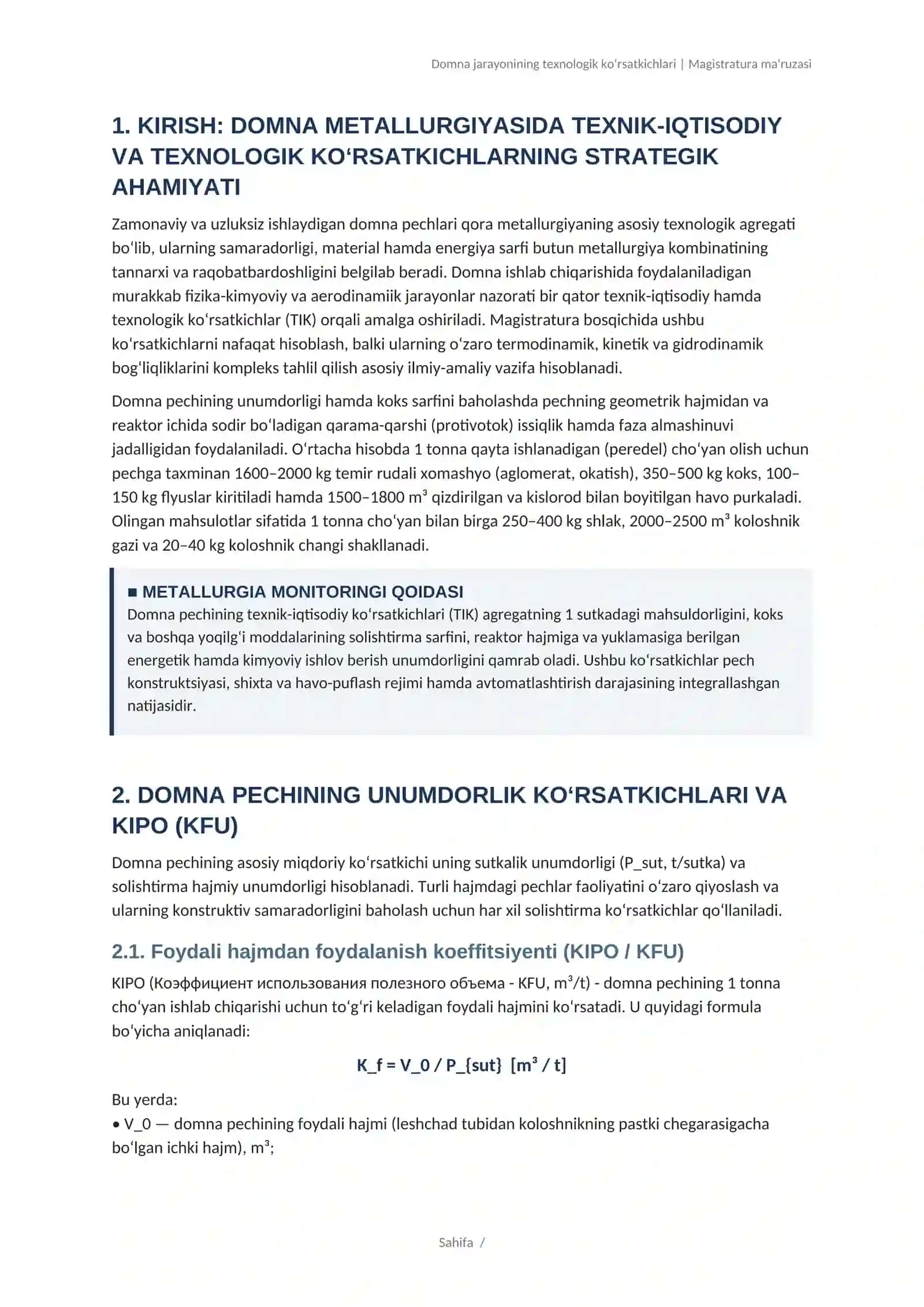 DOMNA JARAYONINING TEXNOLOGIK VA TEXNIK-IQTISODIY KO‘RSATKICHLARI 2