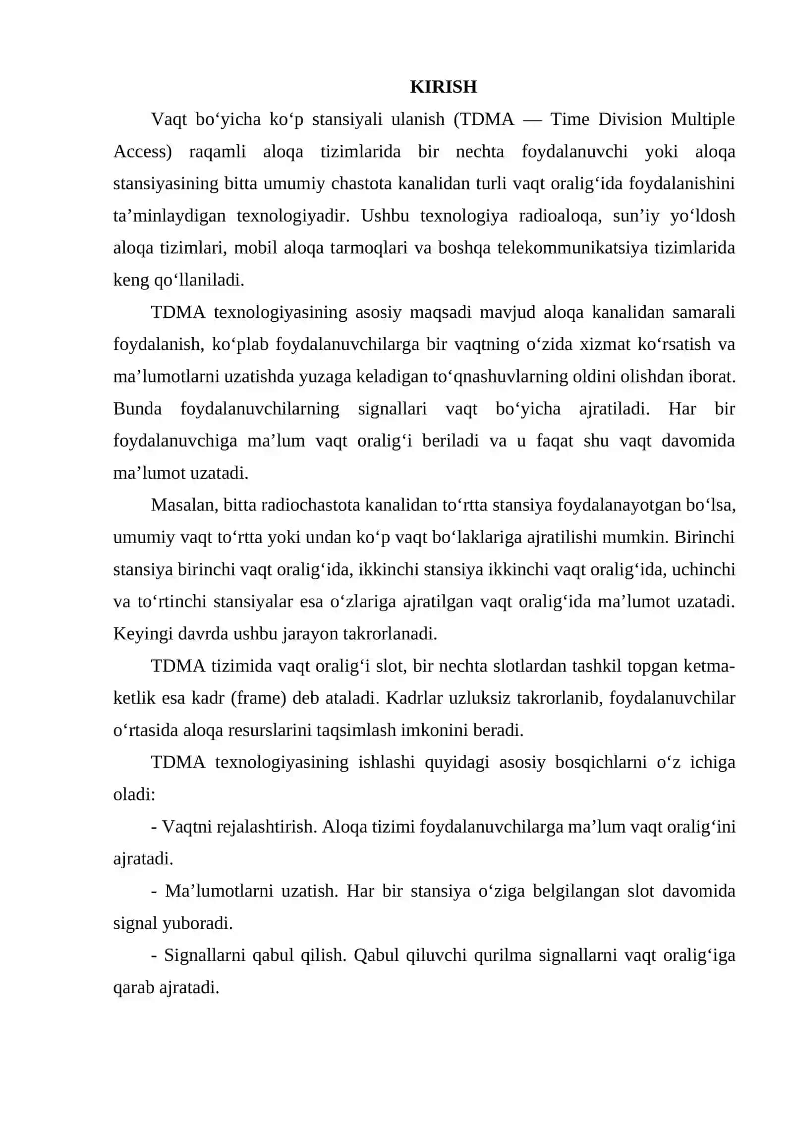VAQT BO‘YICHA KO‘P STANSIYALI ULANISH (TDMA) VA MF-TDMA STANDARTLARI. 2