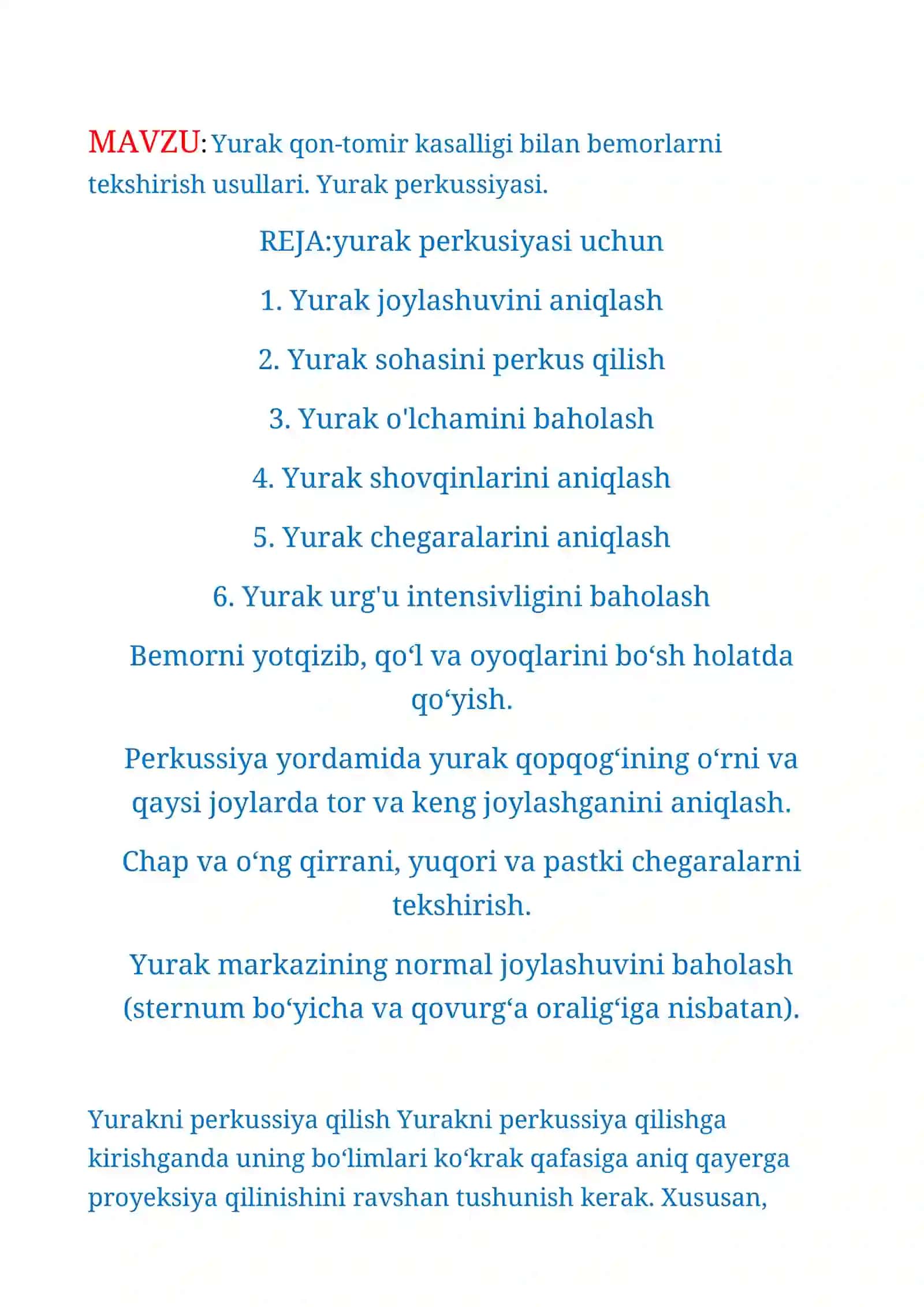 Yurak qon-tomir kasalligi bilan bemorlarni tekshirish usullari. Yurak perkussiyasi 2