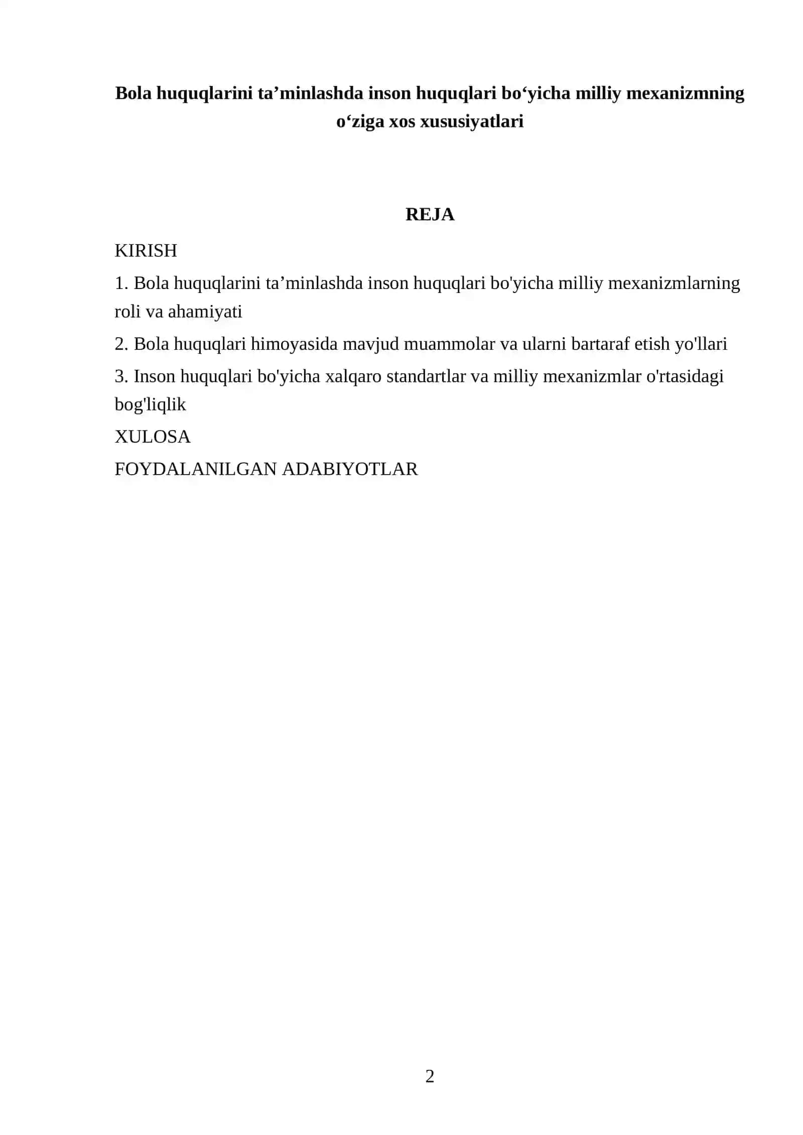 REFERAT "Bola huquqlarini taʼminlashda inson huquqlari boʻyicha milliy mexanizmning oʻziga xos xususiyatlari" 2