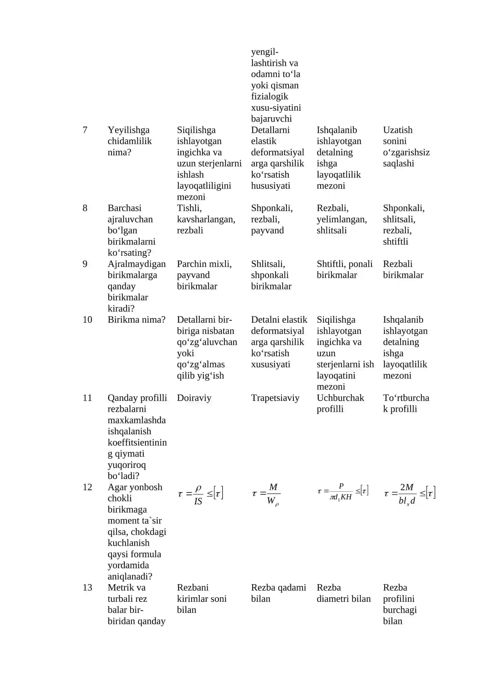 Mashina detallari fanidan test savollari 2