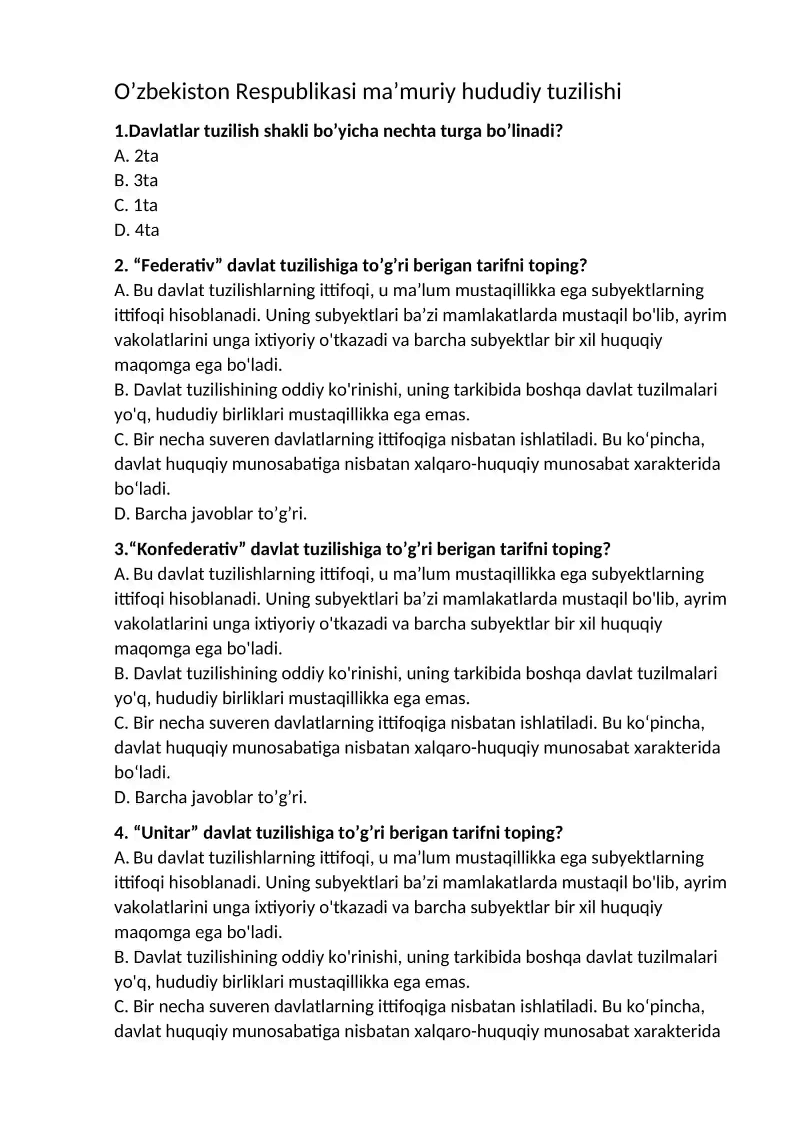 Yurisprudensiya ta’lim yo’nalishi test savollari 2