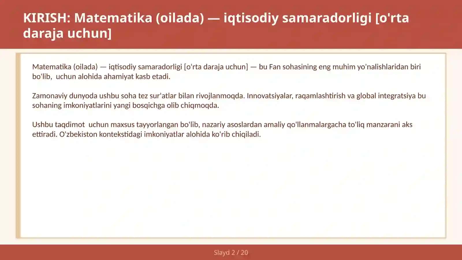 Matematika (oilada) - iqtisodiy samaradorligi [o'rta daraja uchun] 2