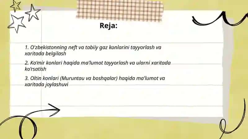 O'zbekistonning foydali qazilmalari haqida malumotlar tayyorlash va haritadan belgilash 2