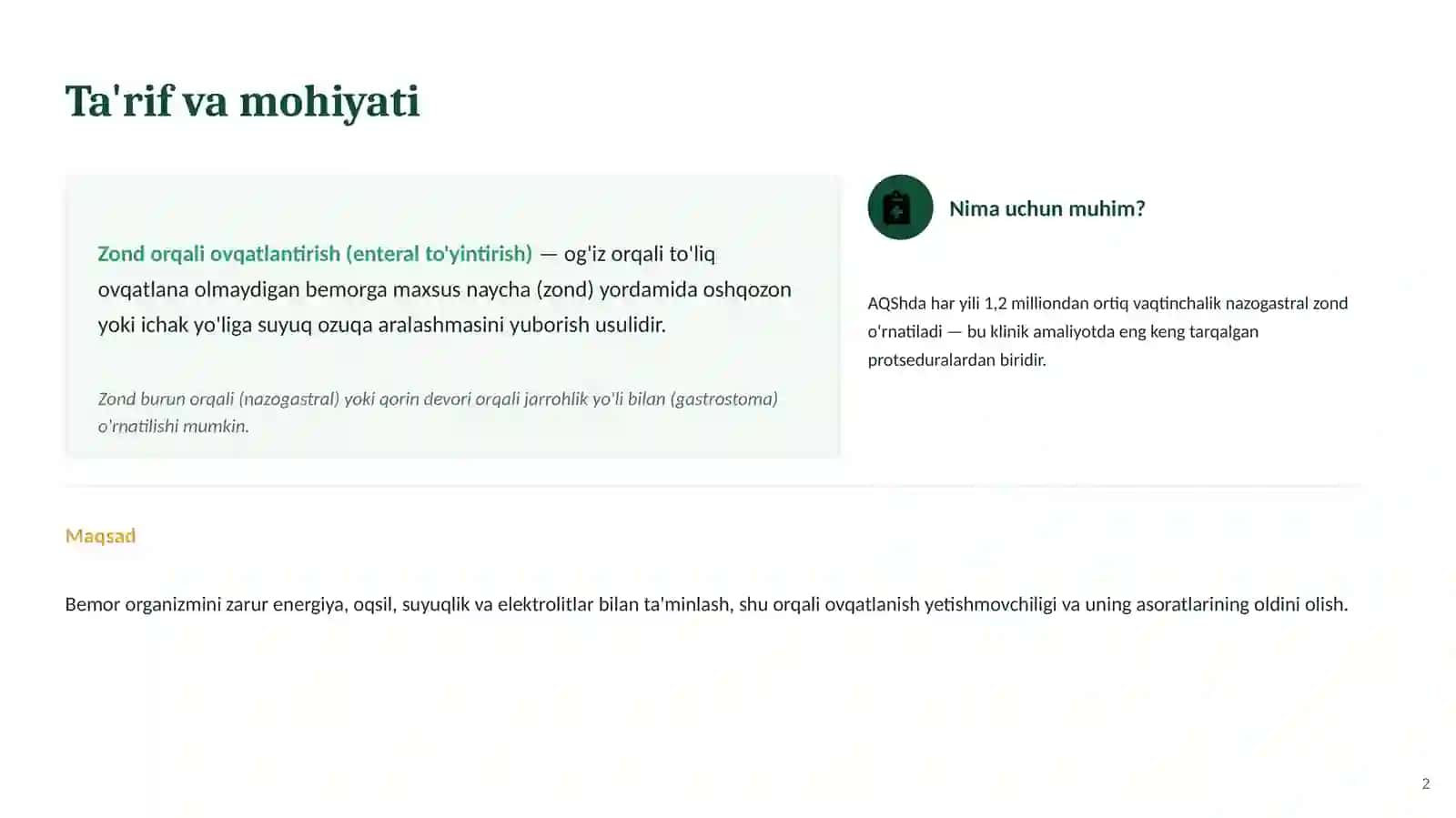Zond orqali ovqatlantirish (enteral to'yintirish) 2