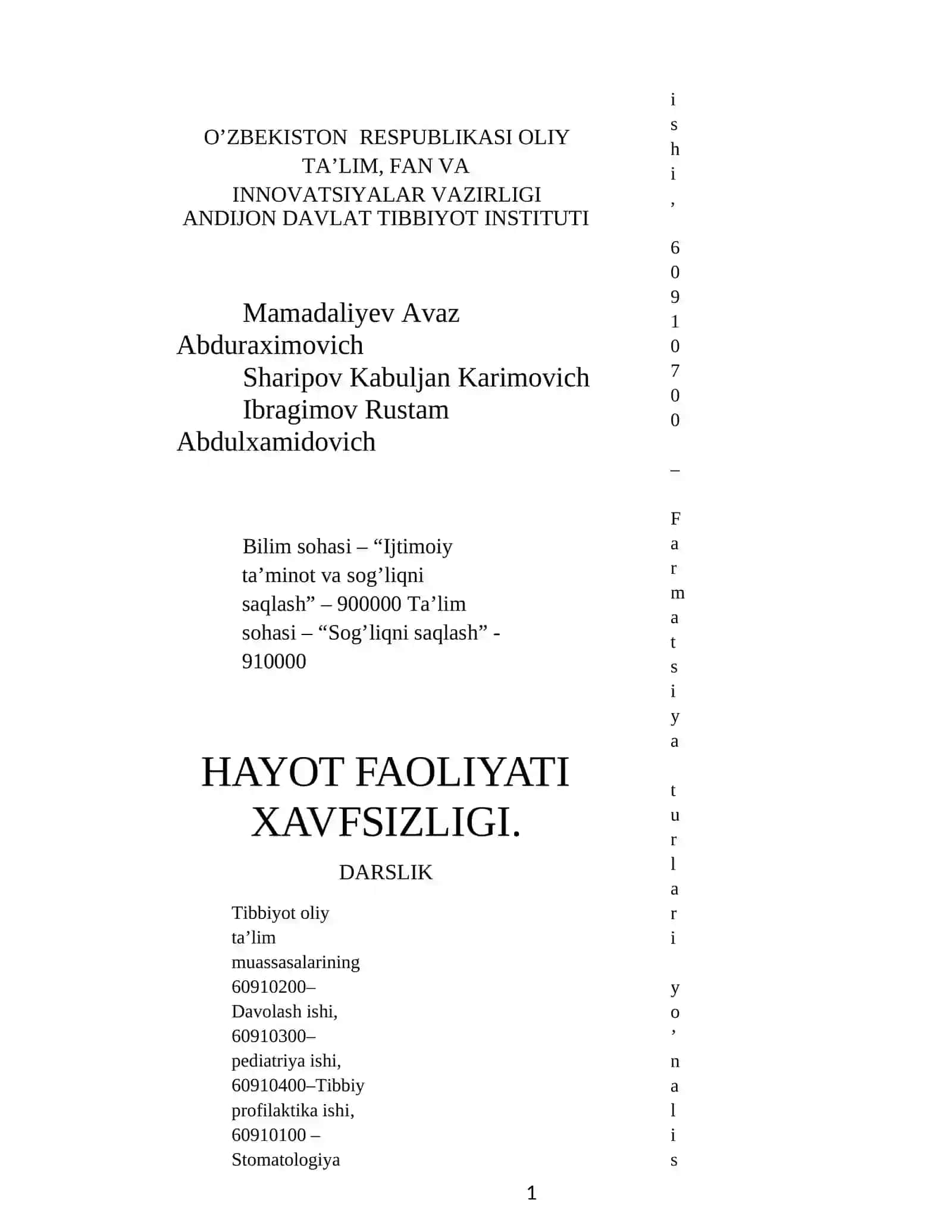 HAYOT FAOLIYATI XAVFSIZLIGI. Tibbiyot instituti talabalari uchun darslik 2