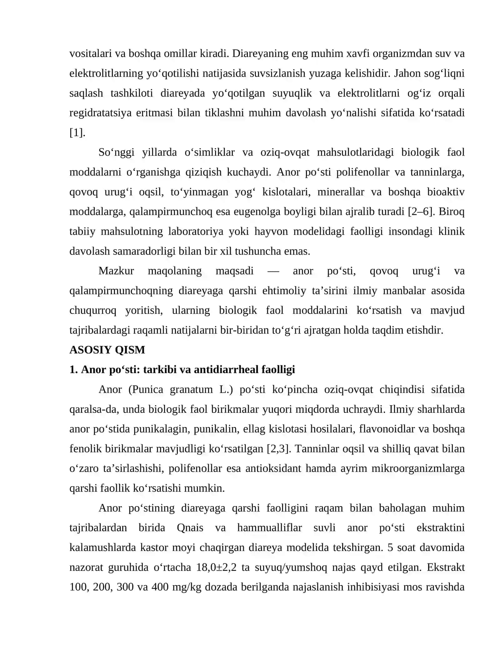 TABIIY MAHSULOTLAR ASOSIDA DIAREYANI DAVOLASH: ANOR PO‘STI, QOVOQ URUG‘I VA QALAMPIRMUNCHOQ MISOLIDA 2
