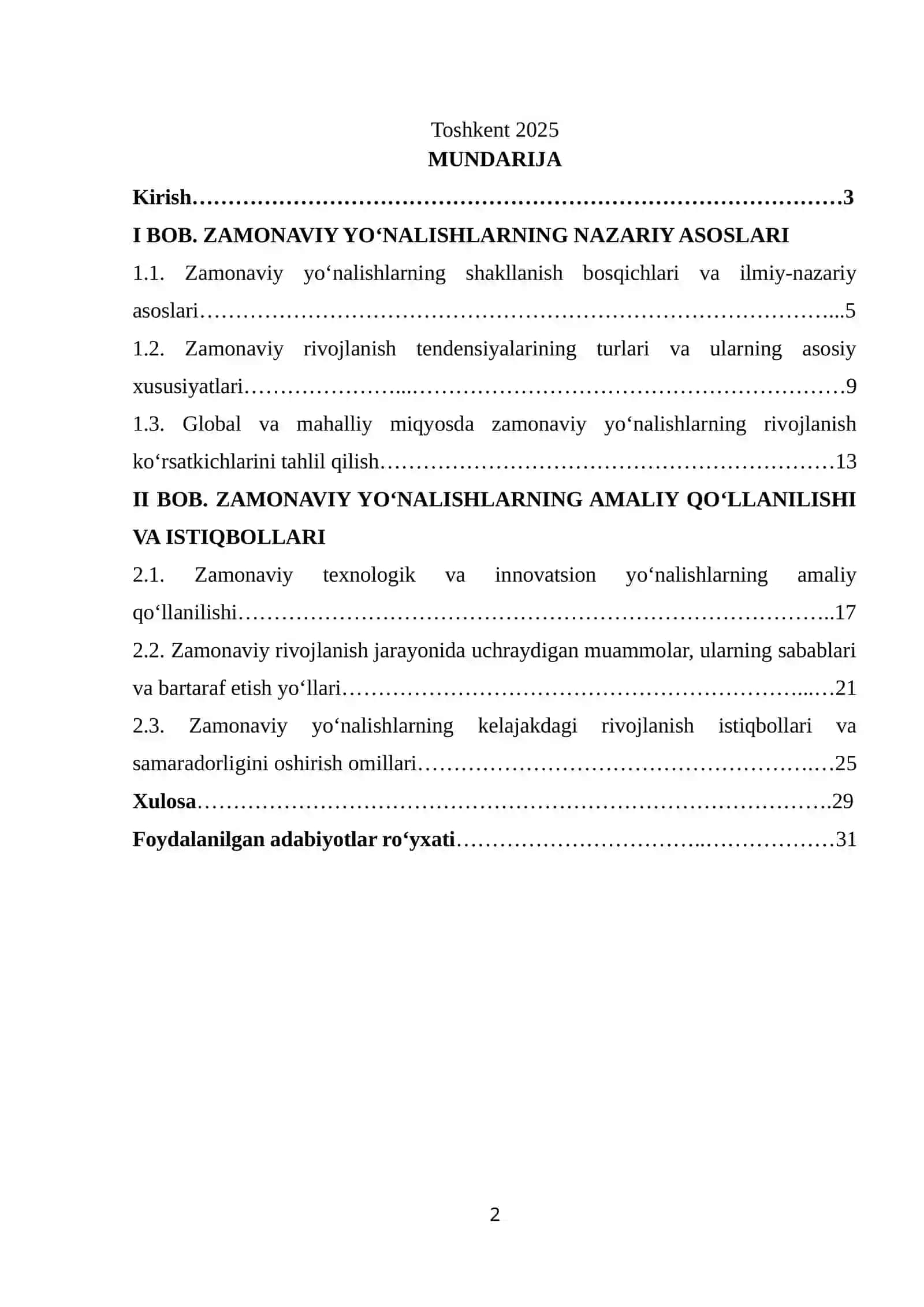 Zamonaviy yo’nalishlar va rivojlanish tendensiyalari KURS ISHI 2