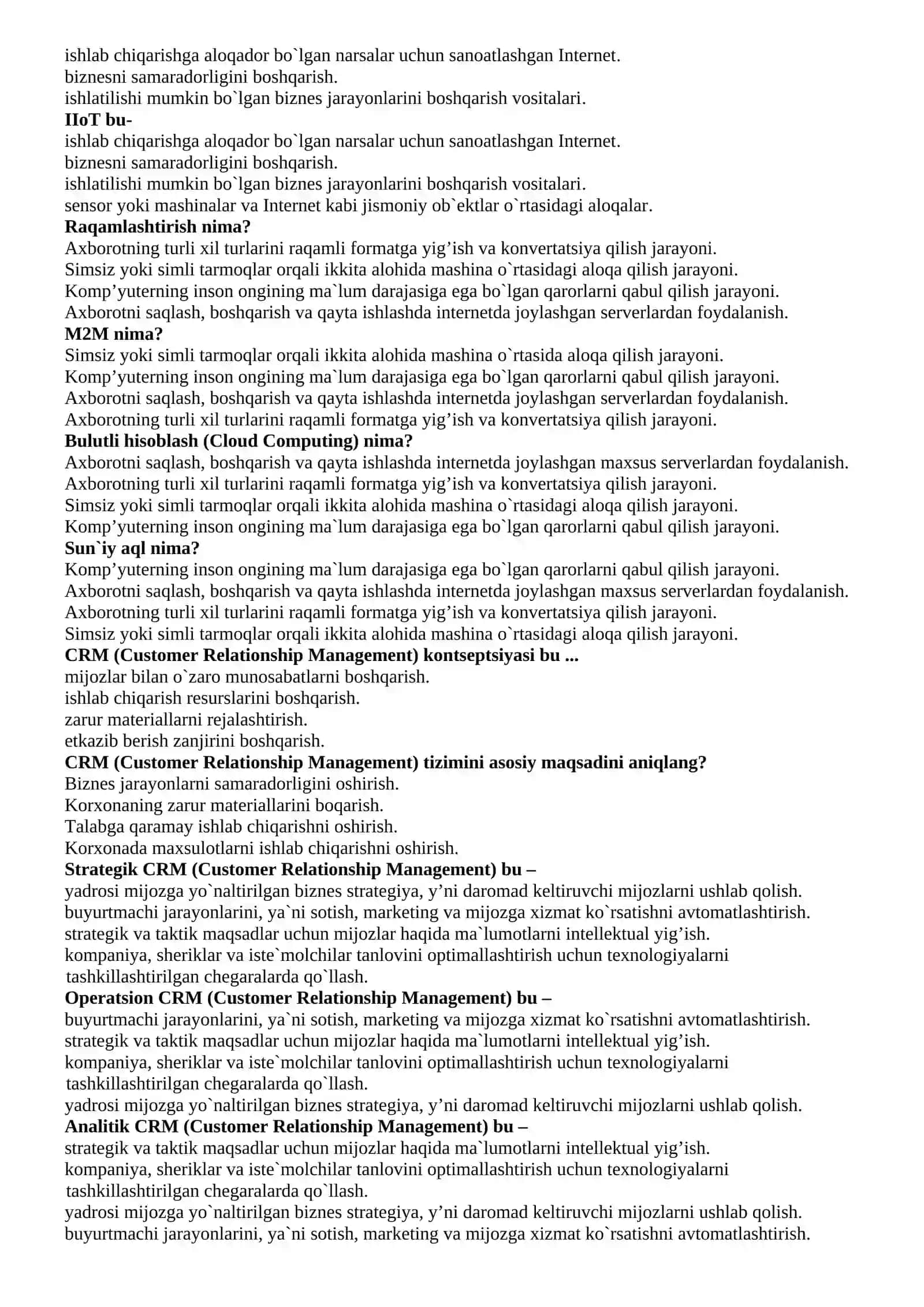 Axborot texnologiyalari fanidan yakuniy nazorat test savollari 2