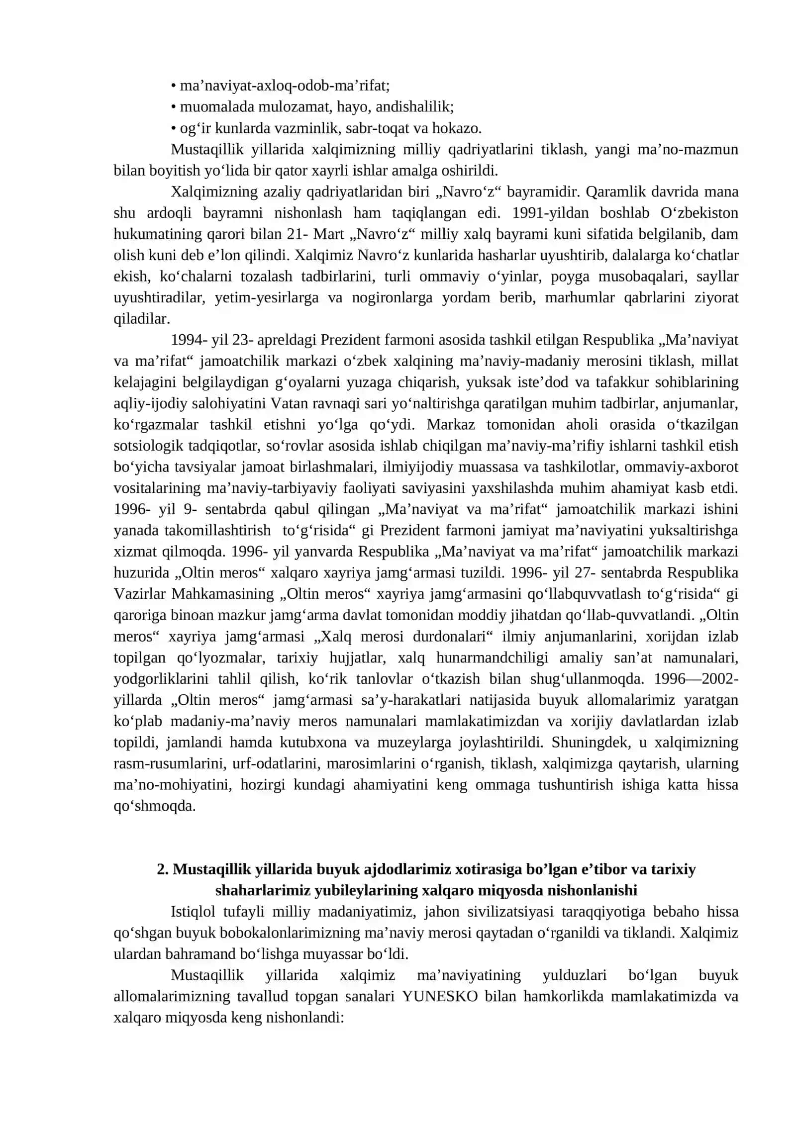 MUSTAQILLIK YILLARIDA O’ZBEKISTONDAGI MA’NAVIY VA MADANIY TARAQQIYOT 2
