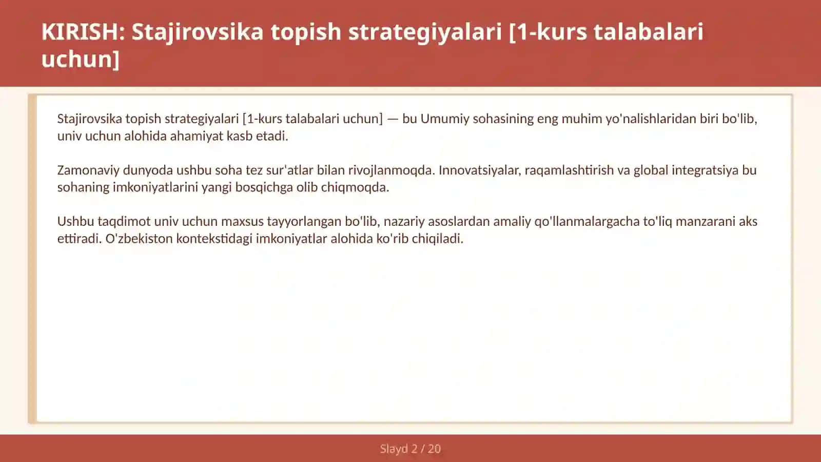 Stajirovsika Topish Strategiyalari [1-Kurs Talabalari Uchun] 2