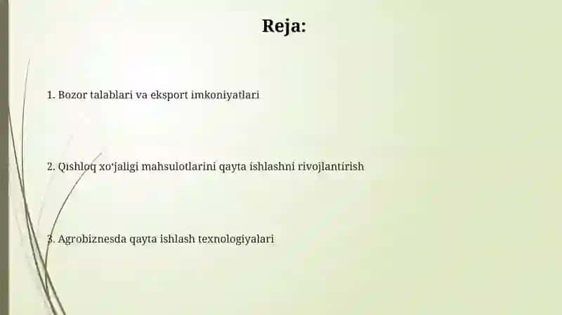 Agrobiznesda qishloqxo'jaligi mahsulotlarini qayta ishlashni rivojlantirish 2
