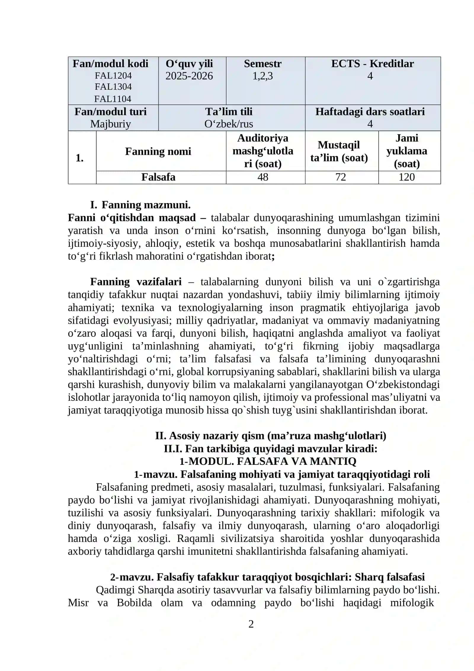 FALSAFA FANINING OʻQUV DASTURI 2