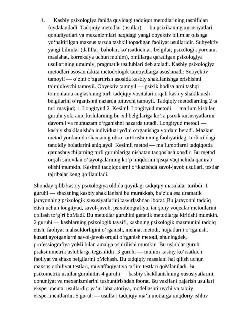 Kasb psixologiyasining tadqiqot metodlari klassifikatsiyasi 2