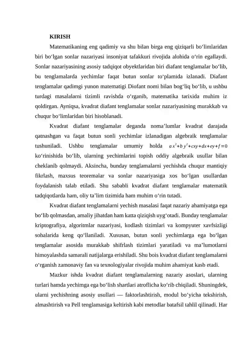 Kvadrat diafant tenglamalarni yechish 2