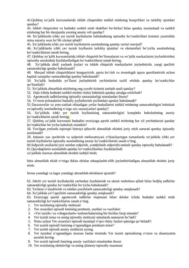 Yer tuzish iqtisodi fanidan Nazorat savollari 2