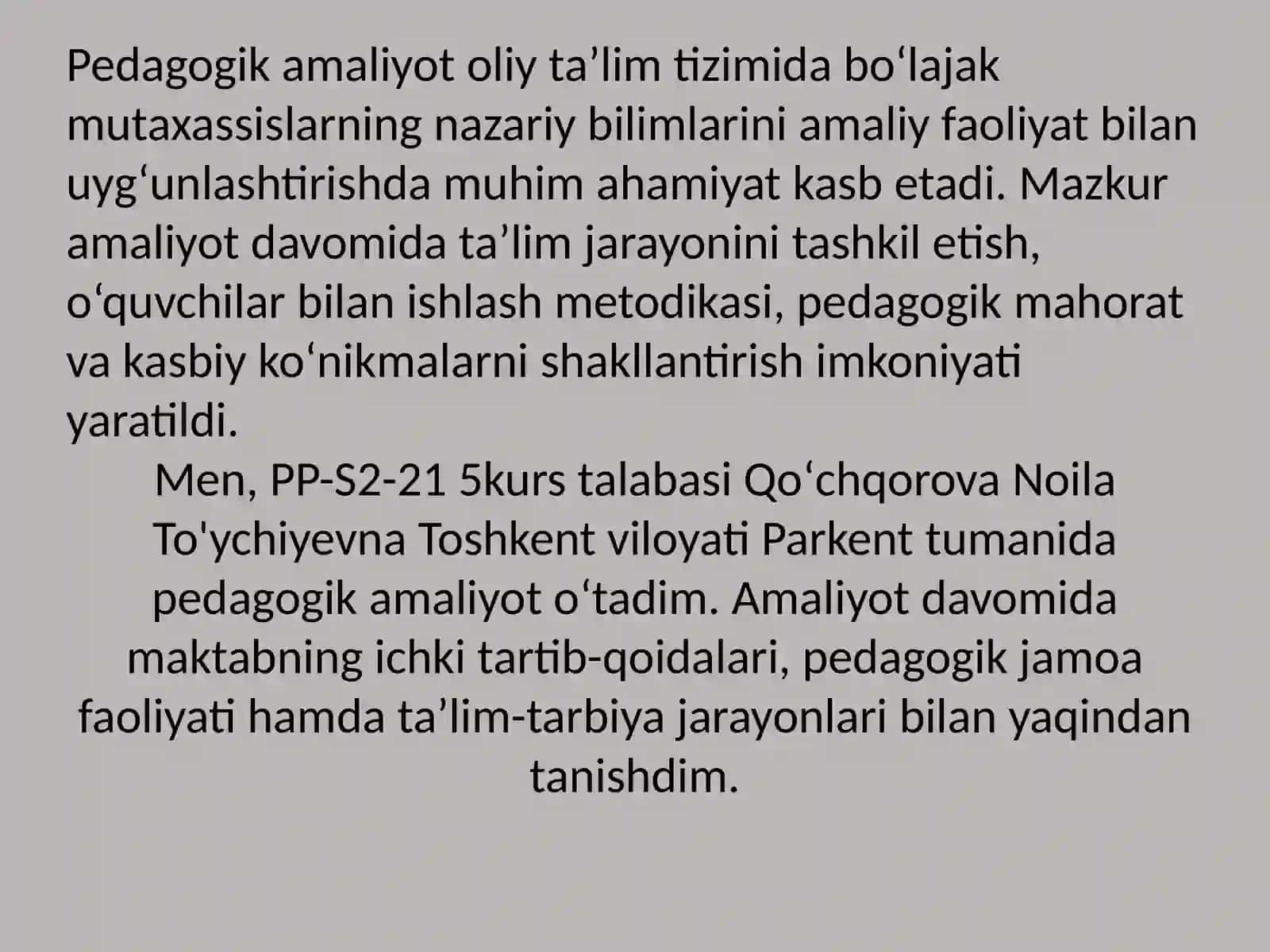Qoʻchqorova Noilaning pedagogik amaliyoti hisoboti 2