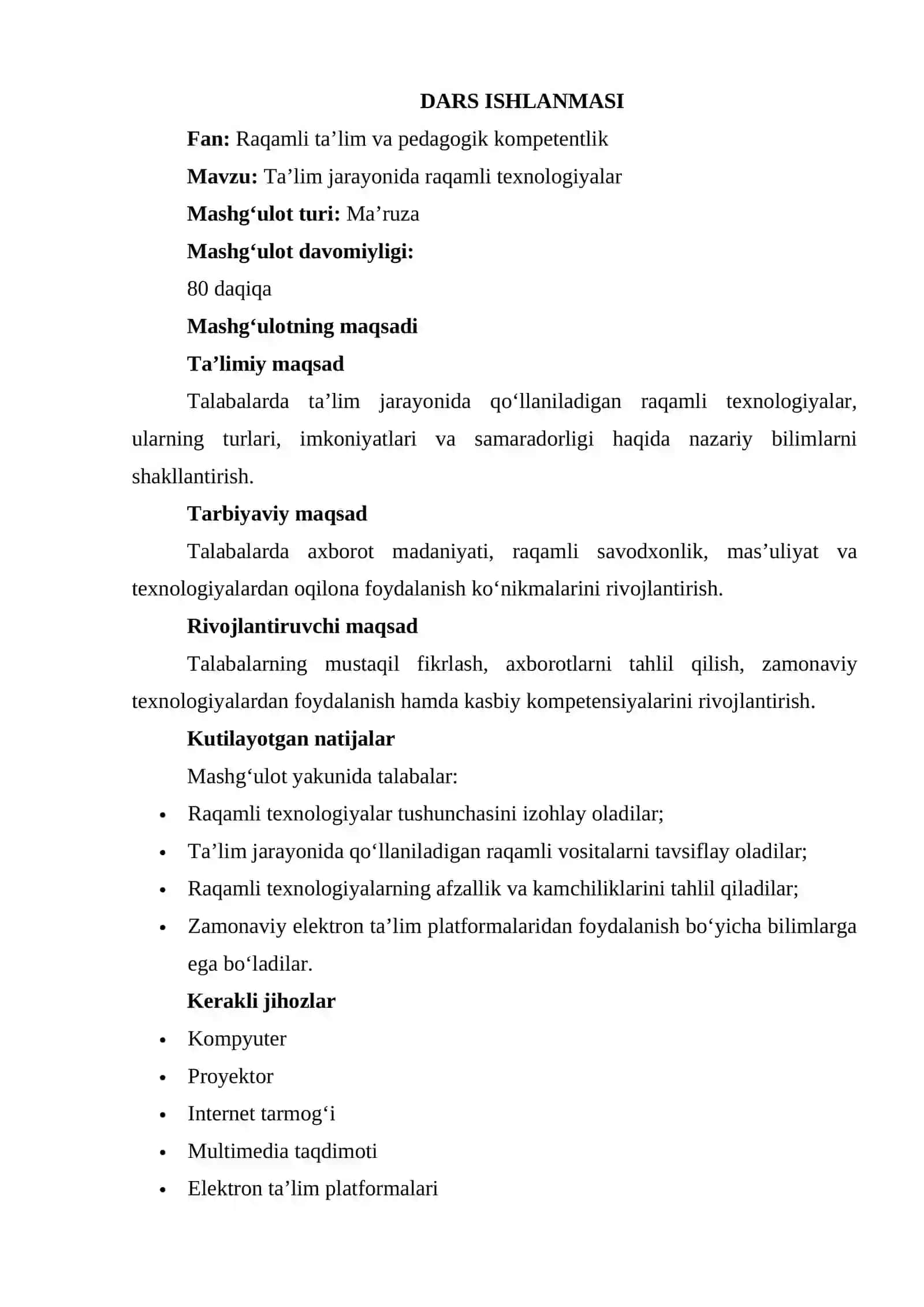Ta’lim jarayonida raqamli texnologiyalar mavzusida dars ishlanmasi 2