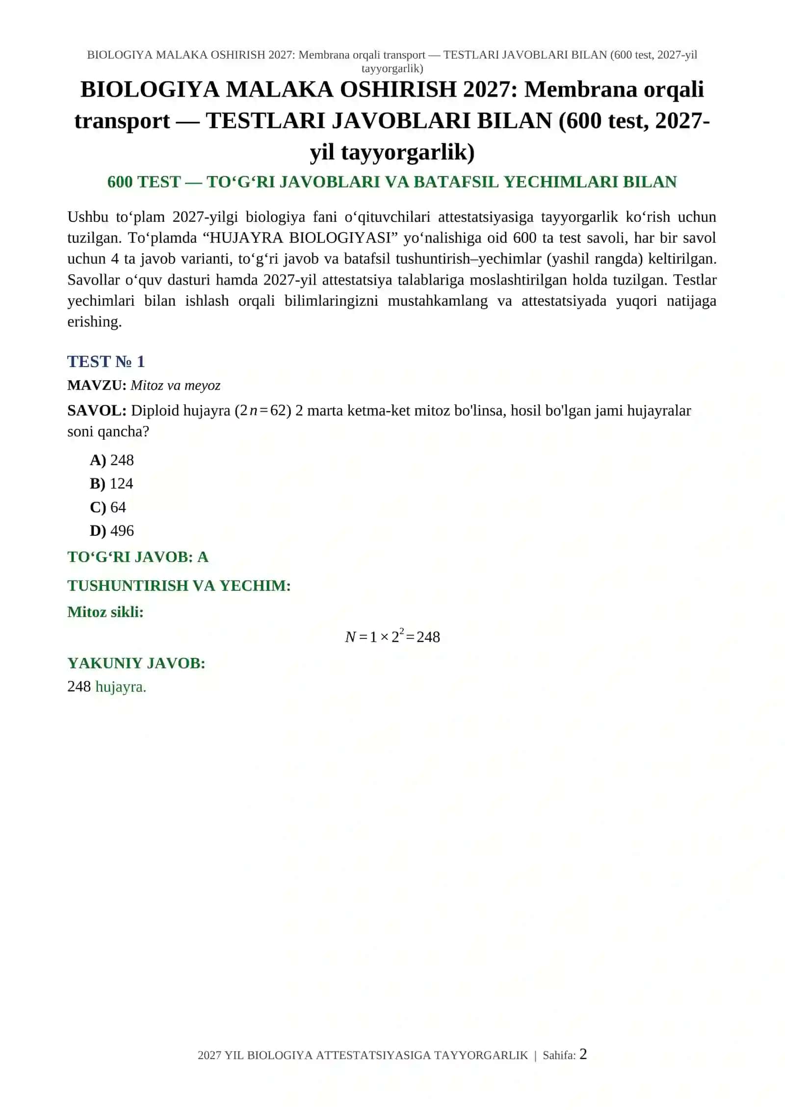 BIOLOGIYA MALAKA OSHIRISH 2027: Membrana orqali transport — TESTLARI JAVOBLARI BILAN (600 test, 2027-yil tayyorgarlik) 2