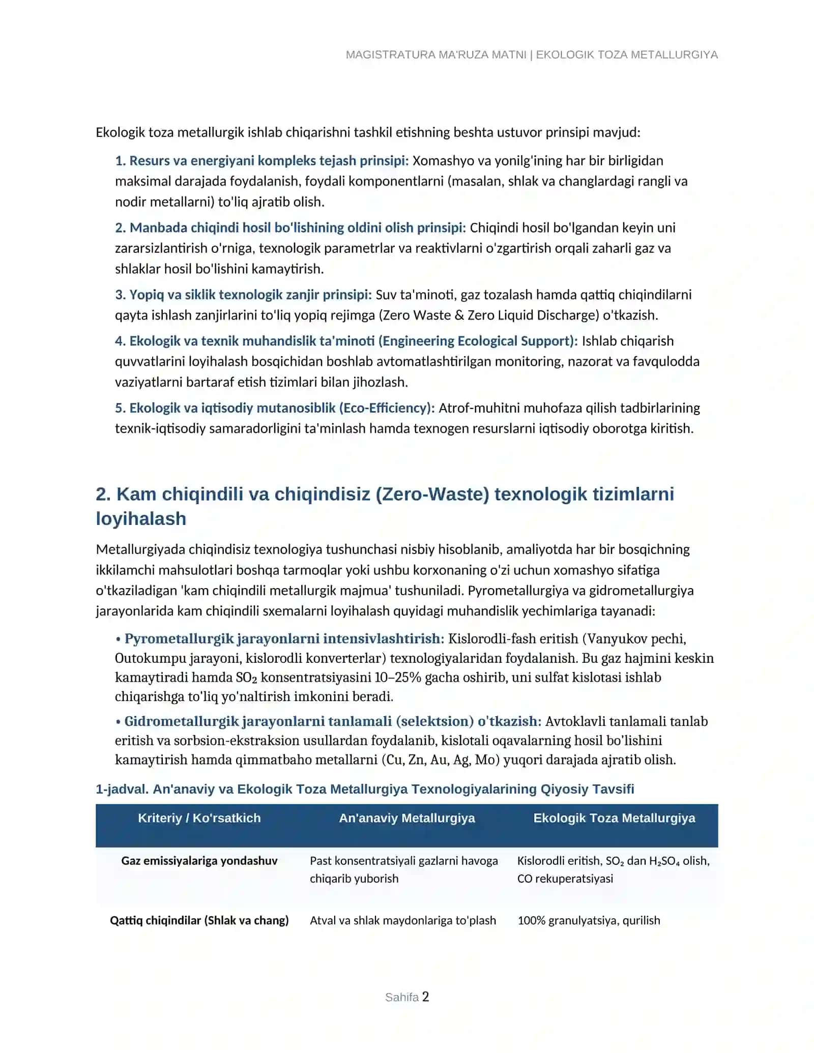 MAGISTRATURA MA'RUZA MATNI | EKOLOGIK TOZA METALLURGIYA 2